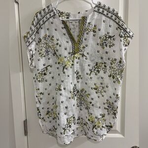 Liverpool Boho Women’s White and Green Floral Flowy Blouse